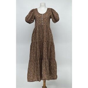 Oak Meadow Brown Floral Puff-Sleeve Midi/Maxi Dress